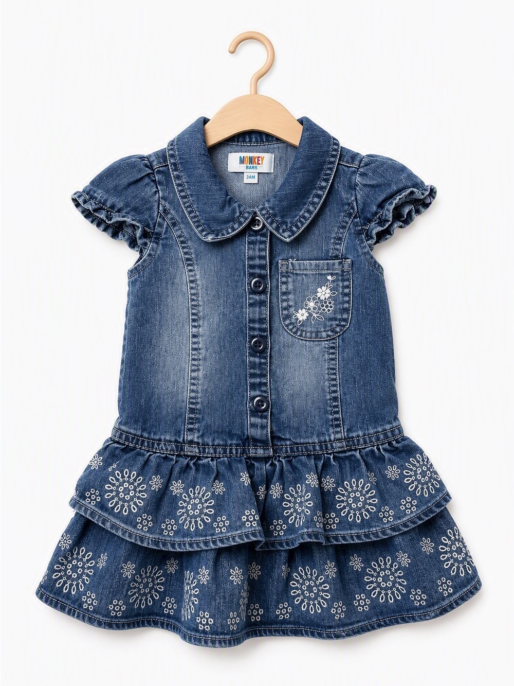 Vintage Y2K Monkey Bars Embroidered Floral Pocket Denim Shirtdress 24M / 2T